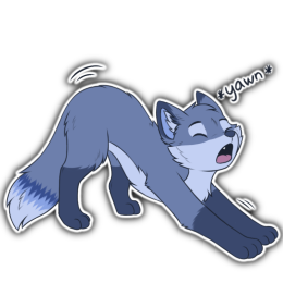 A flue fox character with their front body and paws stretched forward while they are yawning